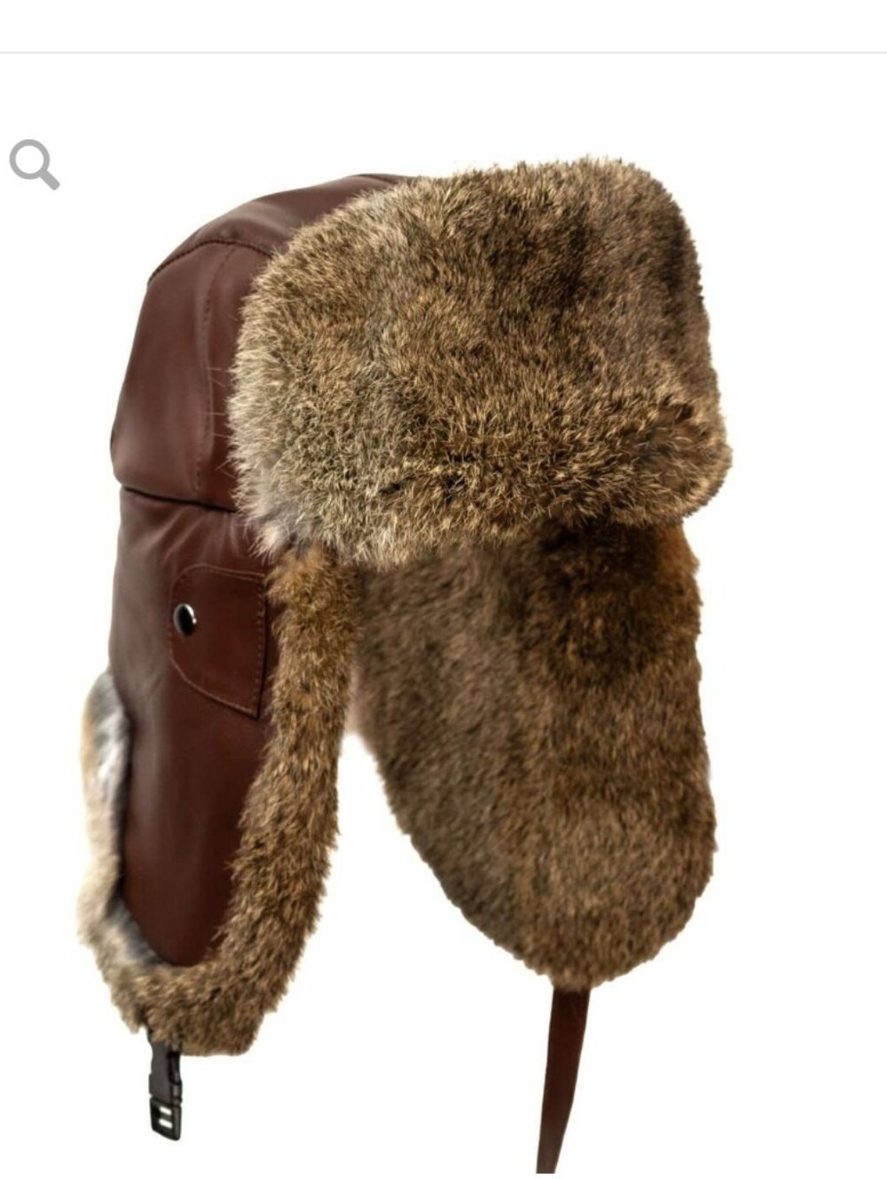 Brown Leather, Rabbit Fur Trapper Hat Warm Winter Earflap Cap With Chin Strap